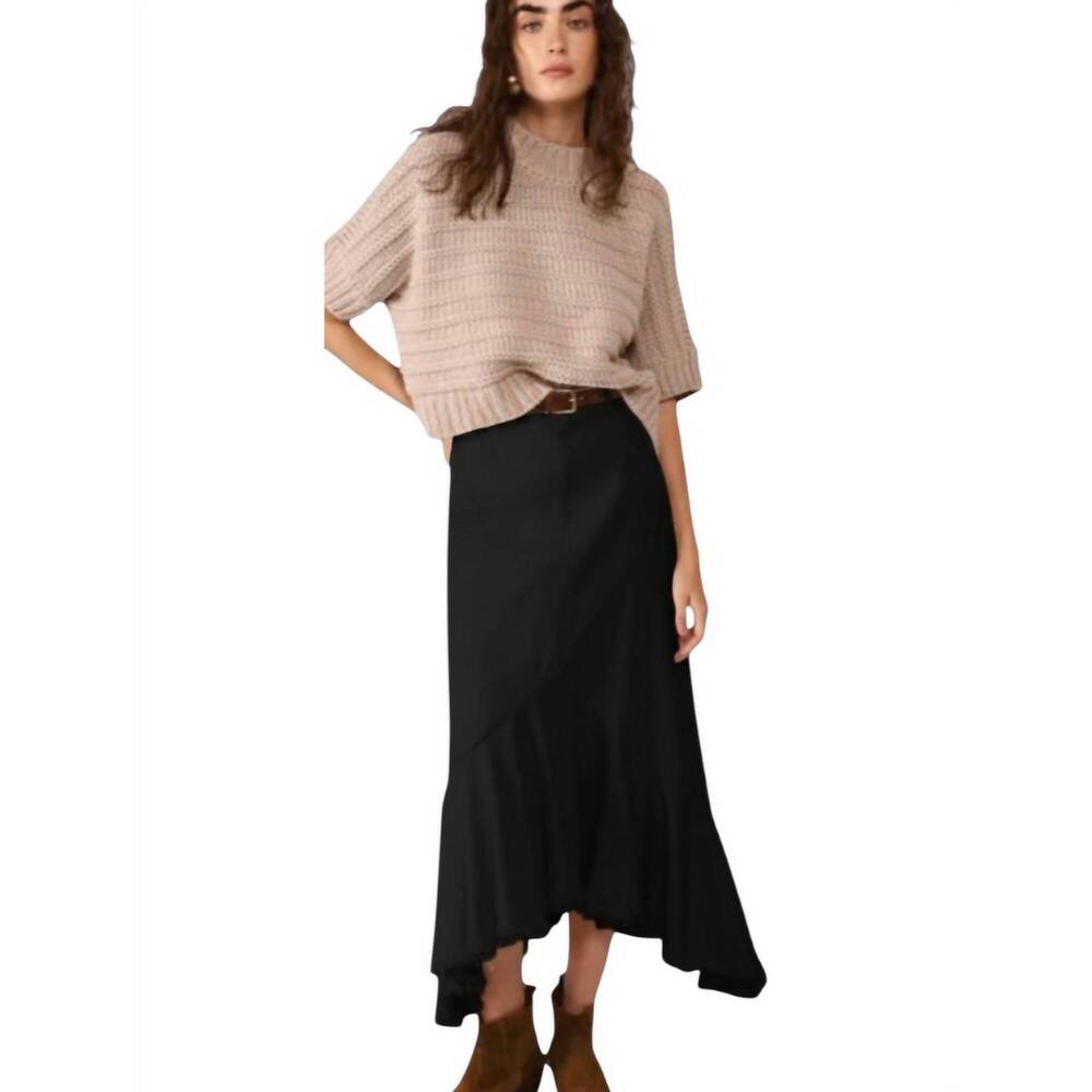 NEW DIXIE sofia frayed hem denim ruffle maxi skirt in black